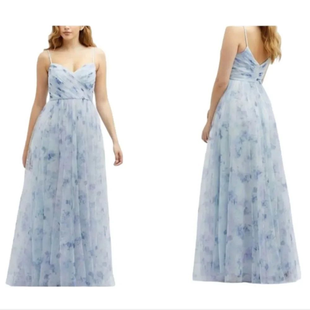 NWT Dessy Collection Tulle Floral Print Gown Maxi Dress Blue Mist Garden Size 18